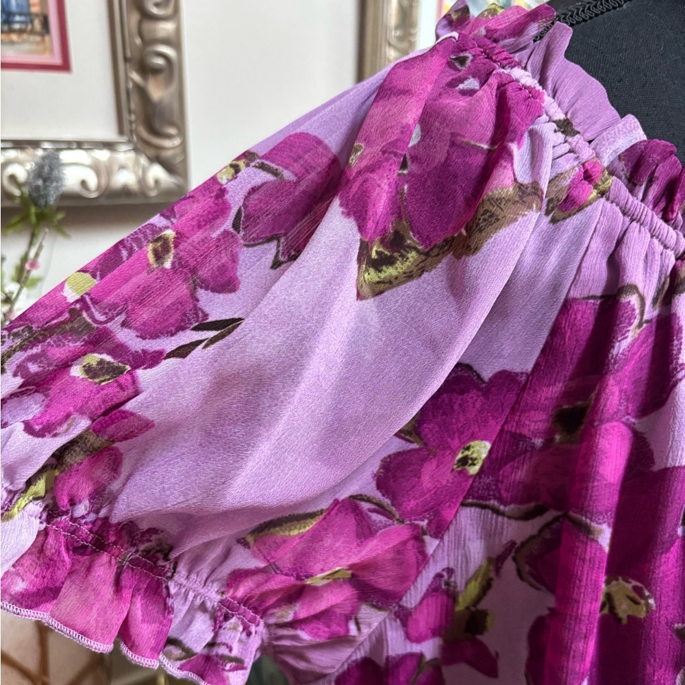 APT 9 PURPLE FLORAL PUFF SLEEVE BOW DETAIL BOHO RUFFLE PEASANT BLOUSE SIZE XL - Picture 8 of 10